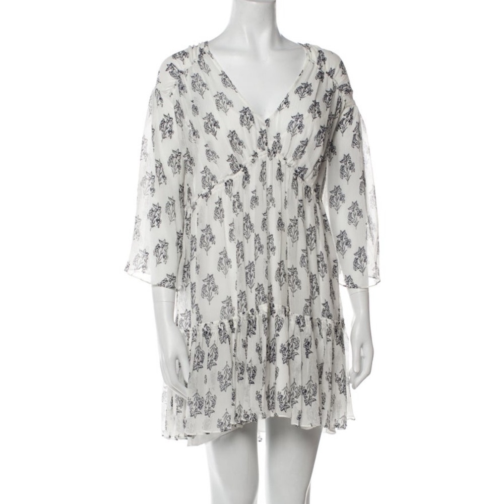 A.L.C. Flowy Silk mini dress white & blue print with ruffles size US 8 / M